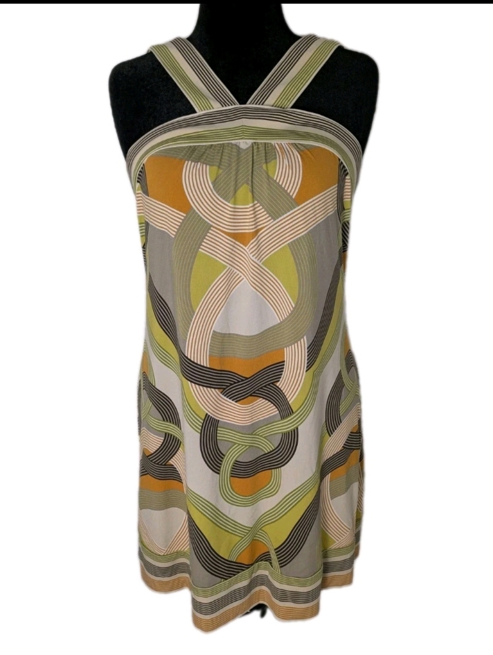 BCBG MaxAzria Abstract Retro Mod Front Halter Neck Mini Dress Sz L Colorful EUC